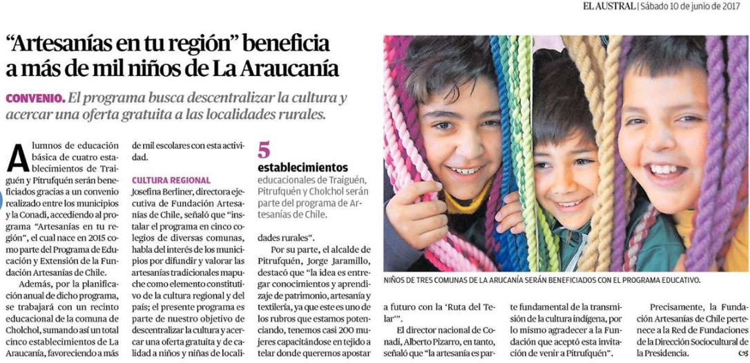 “Artesanías en tu región” beneficia a más de mil niños de La Araucanía “Artesanías en tu región” beneficia a más de mil niños de La Araucanía